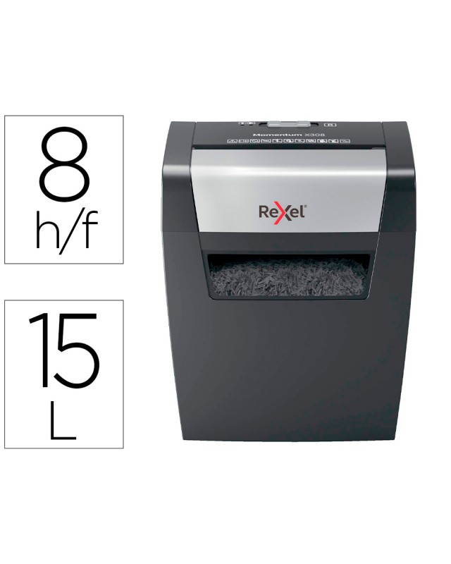 Destructora de documentos rexel momentum x308 capacidad de corte 8 hojas destruye grapas y clips 15 litros