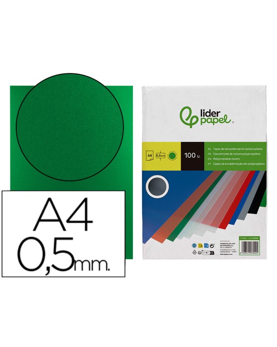 Tapa encuadernacion liderpapel polipropileno a4 0.5mm verde opaco paquete de 100 unidades