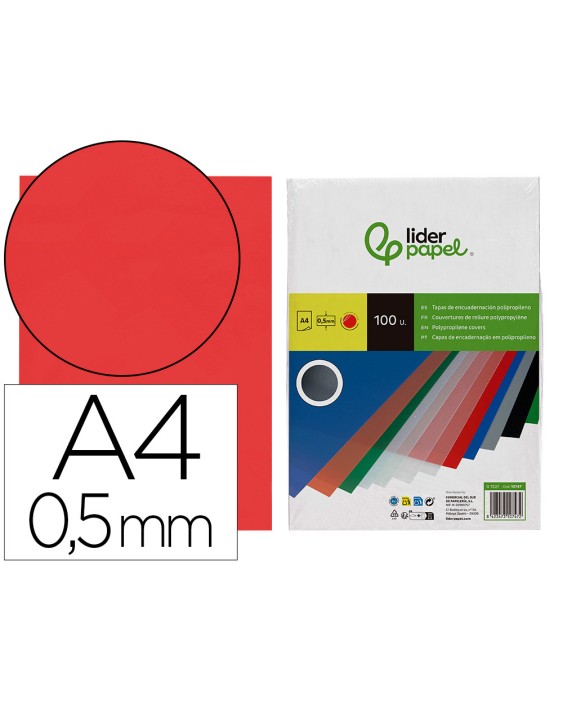 Tapa encuadernacion liderpapel polipropileno a4 0.5 mm rojo translucido paquete de 100 unidades