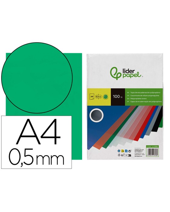 Tapa encuadernacion liderpapel polipropileno a4 0.5 mm verde translucido paquete de 100 unidades