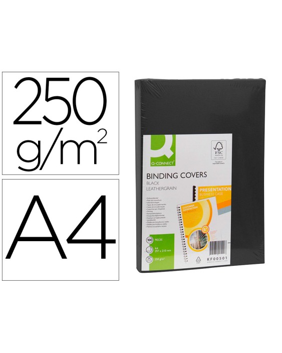 Tapa de encuadernacion q-connect carton din a4 negro simil piel 250 gr caja de 100 unidades