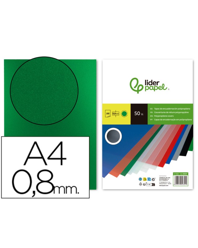 Tapa encuadernacion liderpapel polipropileno a4 0.8mm verde opaco paquete de 50 unidades