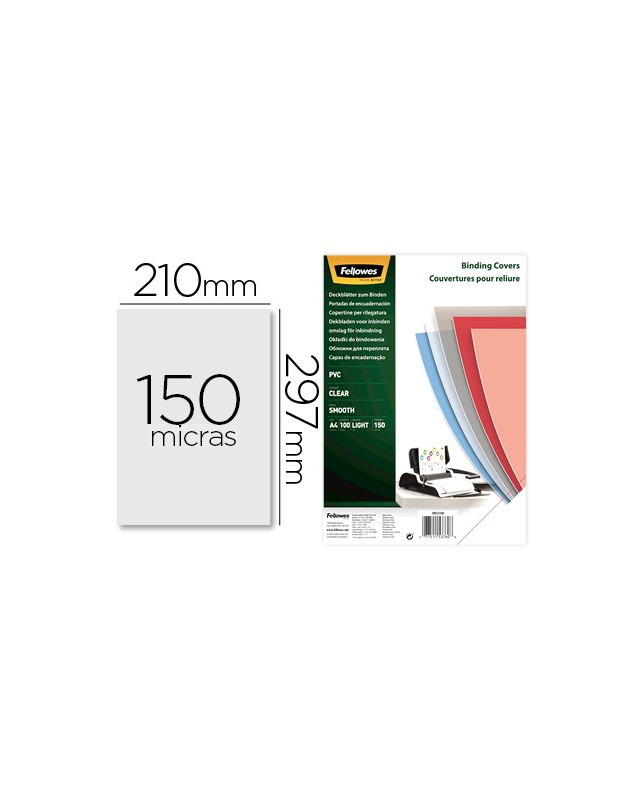 Tapa de encuadernacion fellowes din a4 pvc 150 micras transparente pack de 100 unidades
