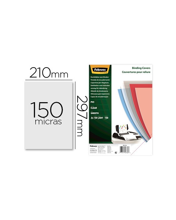 Tapa de encuadernacion fellowes din a4 pvc 150 micras transparente pack de 100 unidades