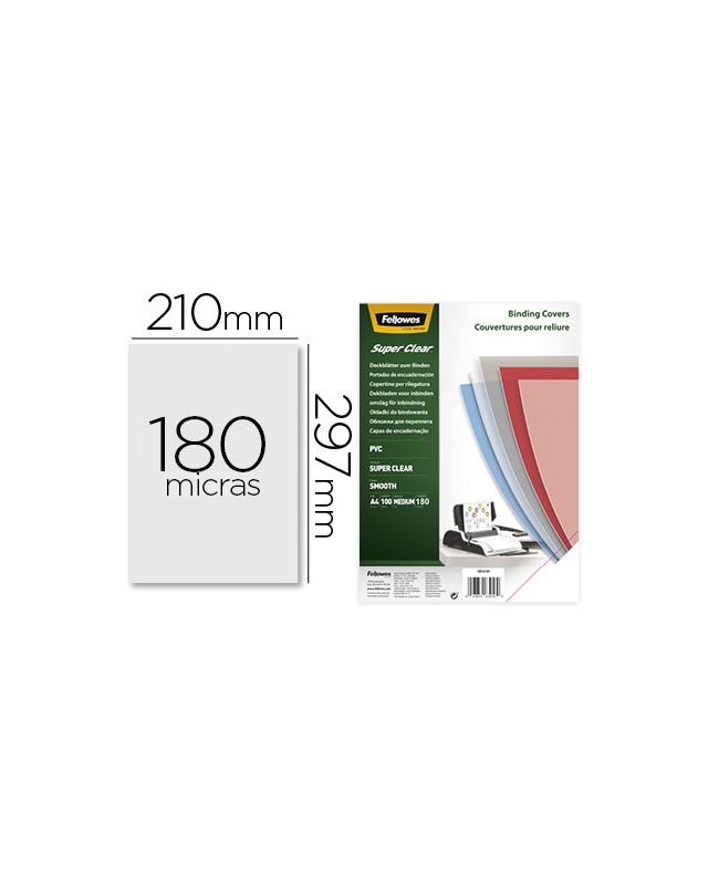 Tapa de encuadernacion fellowes din a4 pvc transparente cristal 180 micras pack de 100 unidades