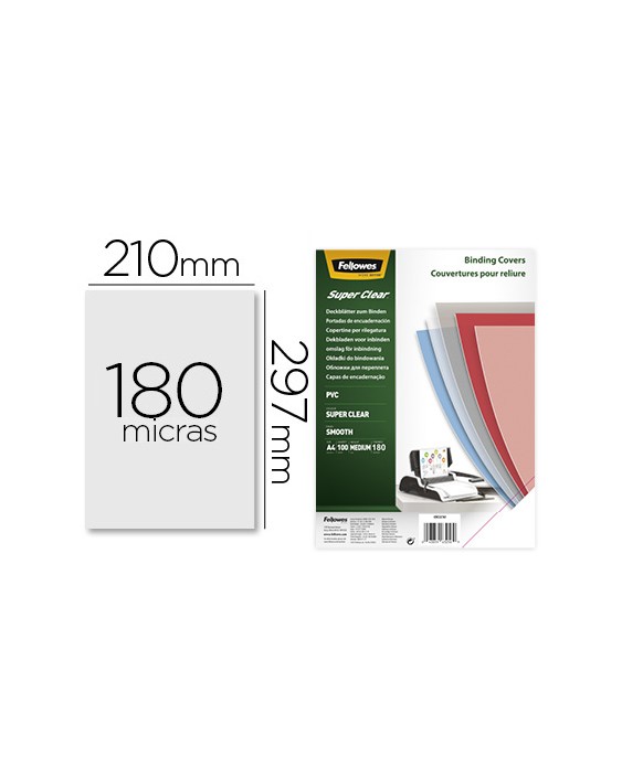 Tapa de encuadernacion fellowes din a4 pvc transparente cristal 180 micras pack de 100 unidades