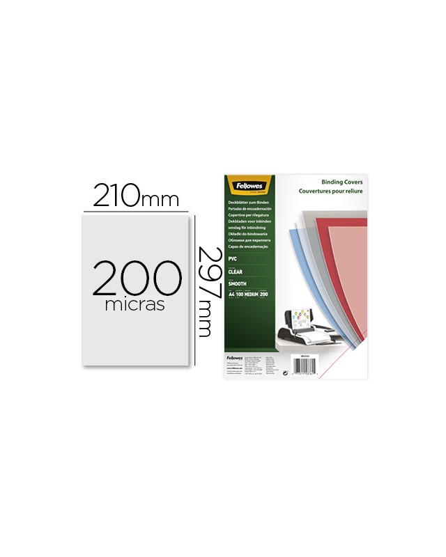 Tapa de encuadernacion fellowes din a4 pvc transparente cristal 200 micras pack de 100 unidades