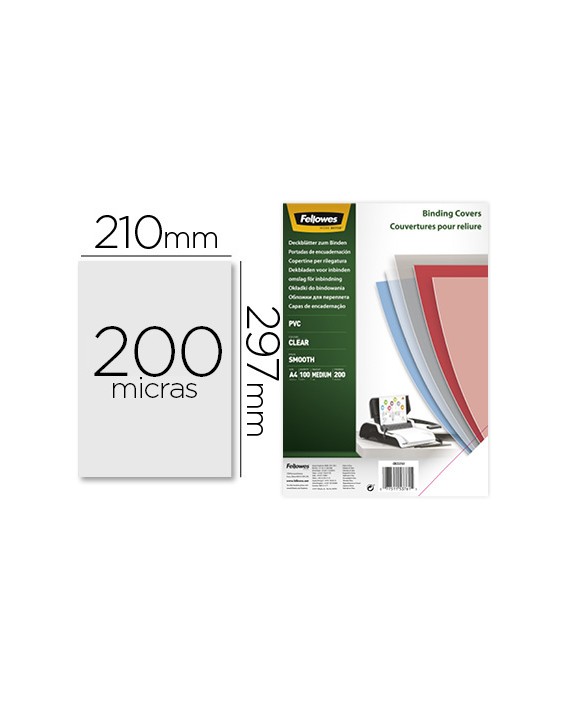 Tapa de encuadernacion fellowes din a4 pvc transparente cristal 200 micras pack de 100 unidades