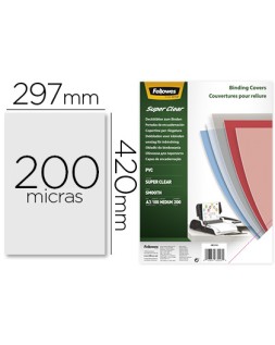 Tapa de encuadernacion fellowes din a3 pvc transparente cristal 200 micras pack de 100 unidades