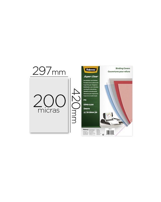 Tapa de encuadernacion fellowes din a3 pvc transparente cristal 200 micras pack de 100 unidades