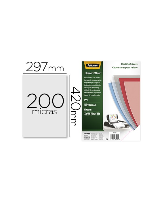 Tapa de encuadernacion fellowes din a3 pvc transparente cristal 200 micras pack de 100 unidades