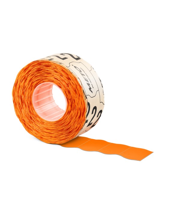Etiquetas meto naranja fluor 32x19 mm troqueladas adhesivo permanente rollo de 1000 unidades