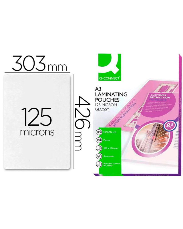 Bolsa de plastificar q-connect 303 x 426 mm 125 mc din a3 caja de 100 unidades