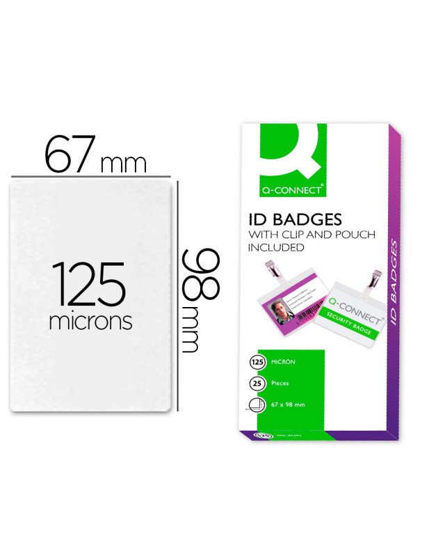 Bolsa de plastificar q-connect 67x98 mm 125 mc con clip para tarjetas de visita caja de 25 unidades