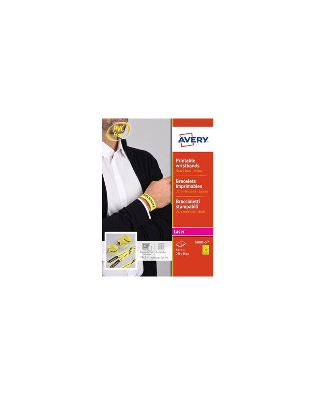 Pulsera identificativa avery polietileno amarillo fluorescente imprimible laser 265x18 mm pack de 50 unidades