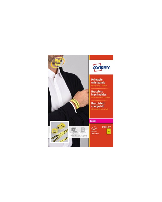 Pulsera identificativa avery polietileno amarillo fluorescente imprimible laser 265x18 mm pack de 50 unidades