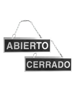 Letrero de aluminio serigrafiado abierto y cerrado con cadena y ventosa para colgar 232x74 mm