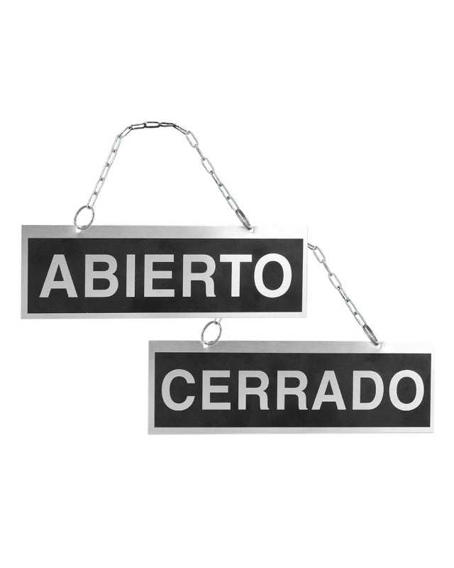 Letrero de aluminio serigrafiado abierto y cerrado con cadena y ventosa para colgar 232x74 mm