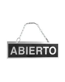 Letrero de aluminio serigrafiado abierto y cerrado con cadena y ventosa para colgar 232x74 mm