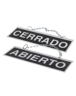 Letrero de aluminio serigrafiado abierto y cerrado con cadena y ventosa para colgar 232x74 mm