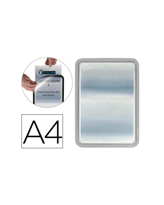 Marco porta anuncios djois magneto din a4 dorso adhesivo removible color gris pack de 2 unidades