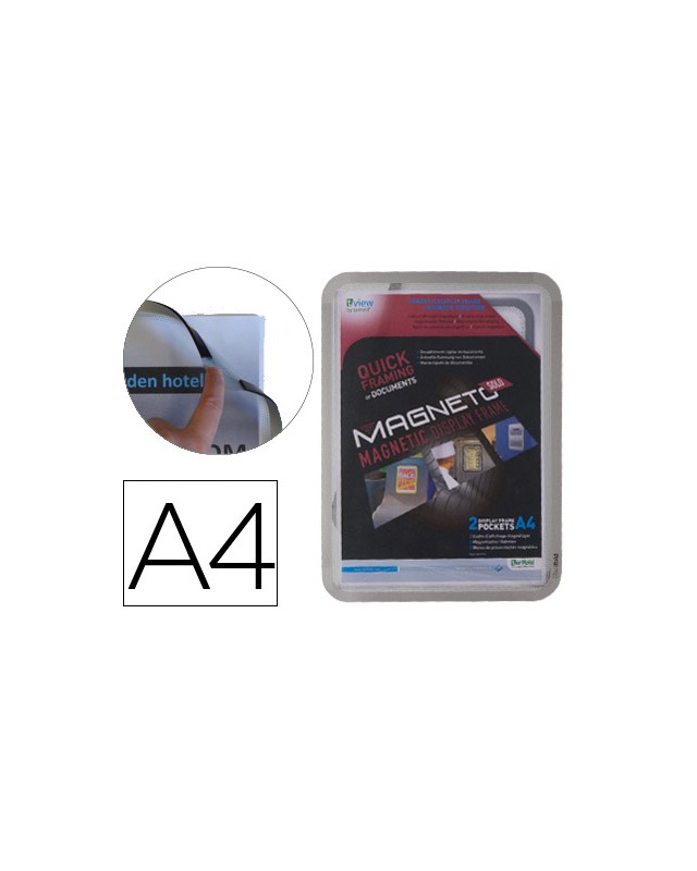 Marco porta anuncios djois magneto din a4 con 4 bandas magneticas en el dorso color plata pack de 2 unidades