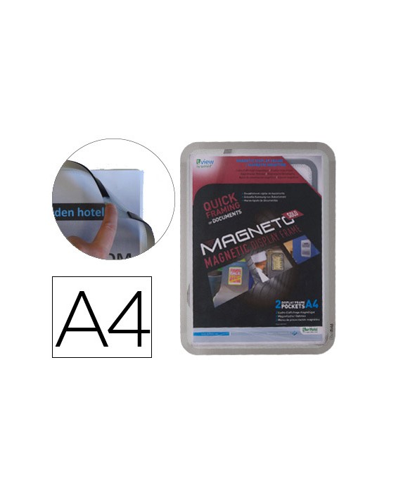 Marco porta anuncios djois magneto din a4 con 4 bandas magneticas en el dorso color plata pack de 2 unidades