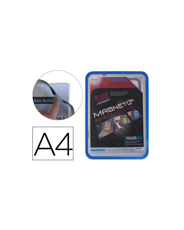 Marco porta anuncios djois magneto din a4 con 4 bandas magneticas en el dorso color azul pack de 2 unidades
