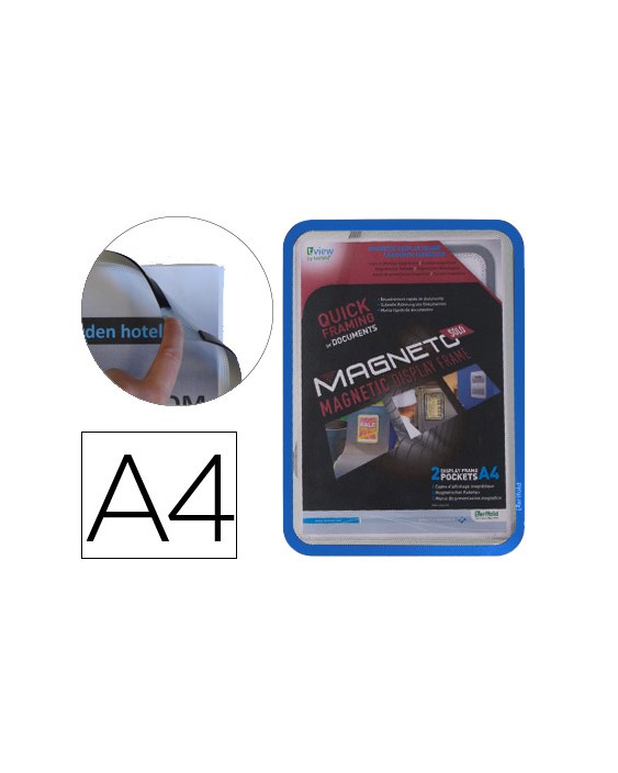 Marco porta anuncios djois magneto din a4 con 4 bandas magneticas en el dorso color azul pack de 2 unidades