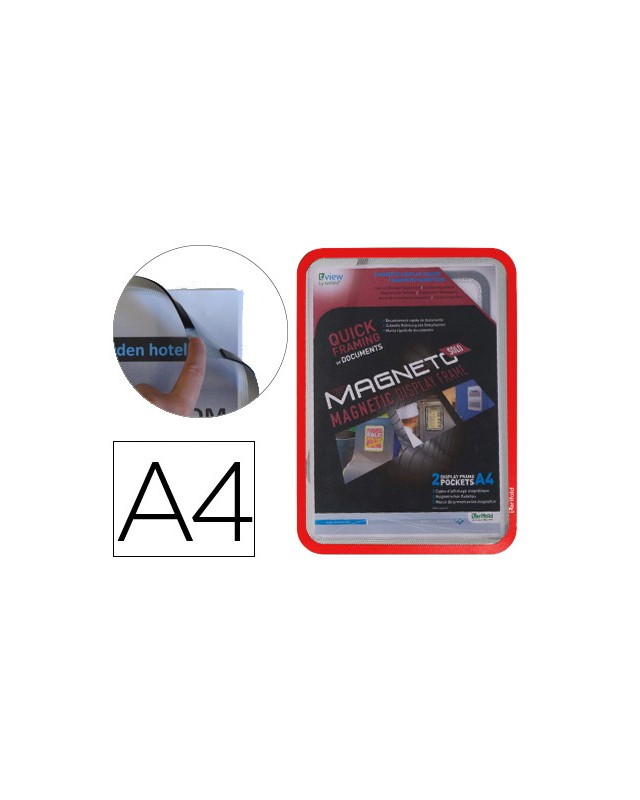 Marco porta anuncios djois magneto din a4 con 4 bandas magneticas en el dorso color rojo pack de 2 unidades