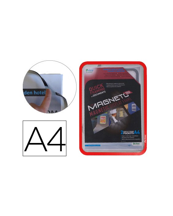 Marco porta anuncios djois magneto din a4 con 4 bandas magneticas en el dorso color rojo pack de 2 unidades
