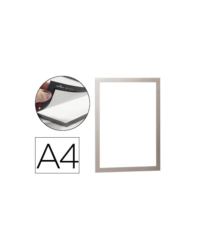 Marco porta anuncios durable pp magnetico din a4 dorso adhesivo removible color plata pack de 2 unidades