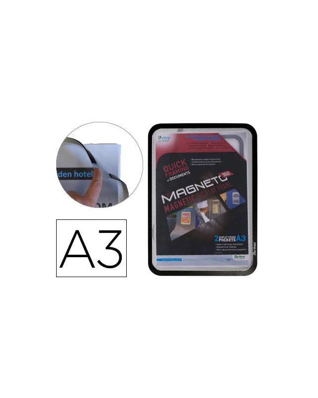 Marco porta anuncios djois magneto din a3 con 4 bandas magneticas en el dorso color negro pack de 2 unidades