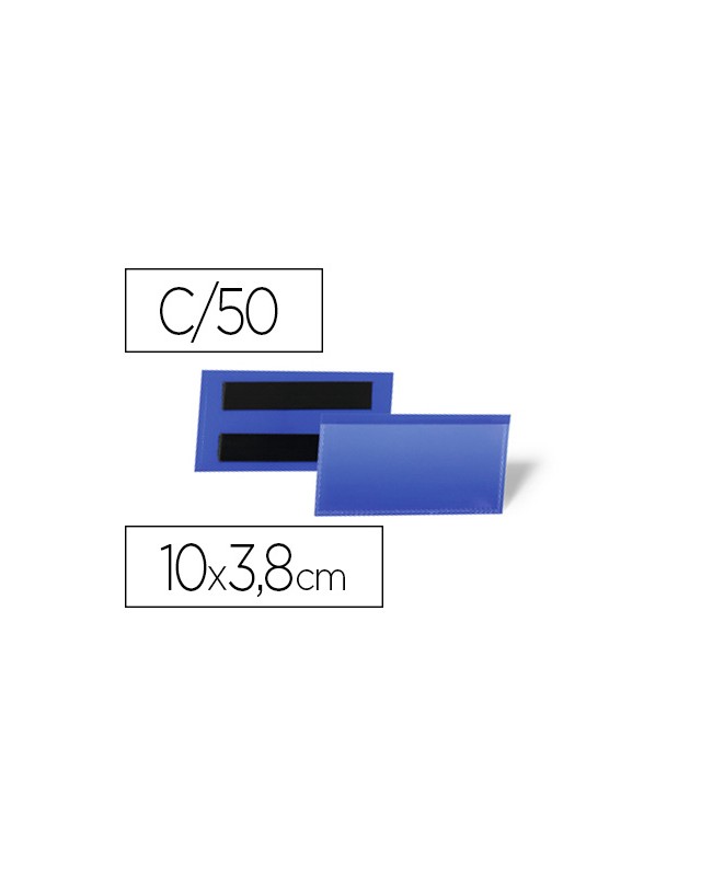 Funda durable magnetica 100x38 mm plastico azul ventana transparente pack de 50 unidades