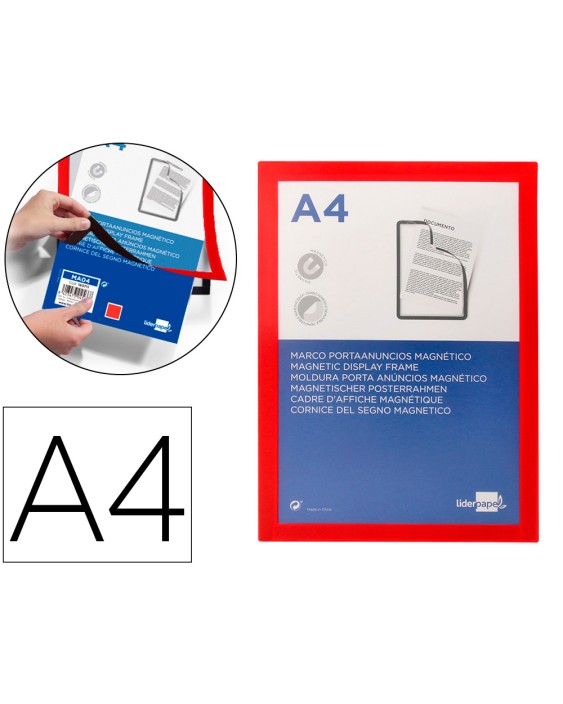 Marco porta anuncios liderpapel magnetico din a4 dorso adhesivo removible color rojo