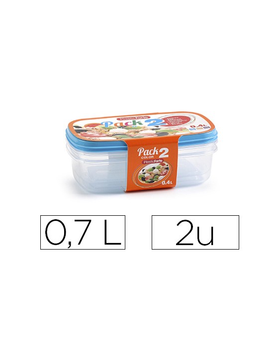 Fiambrera plasticforte transparente tapa color 0,7 litros pack 2 unidades