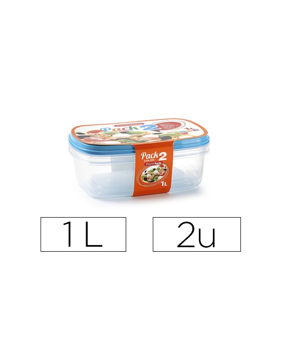 Fiambrera plasticforte transparente tapa color 1 litros pack 2 unidades