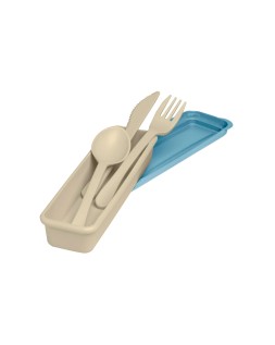 Fiambrera exacompta color beig con tapa color azul incluye 3 cubiertos reutilizables 205x65x40 mm