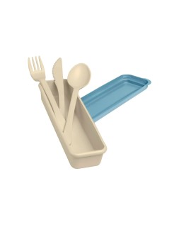 Fiambrera exacompta color beig con tapa color azul incluye 3 cubiertos reutilizables 205x65x40 mm