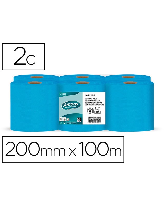 Papel secamanos amoos 2 capas professional 192 mm x 125 m color azul paquete de 6 rollos