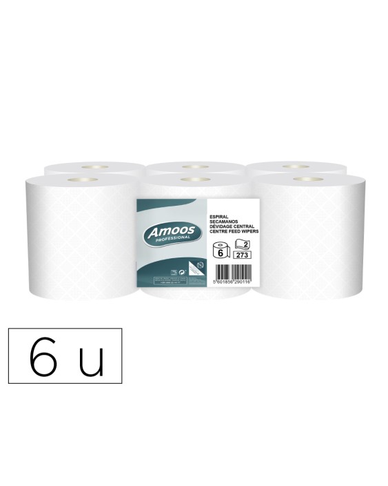 Papel secamanos amoos industrial 2 capas 32g/m2 blanco 90 m paquete de 6 rollos