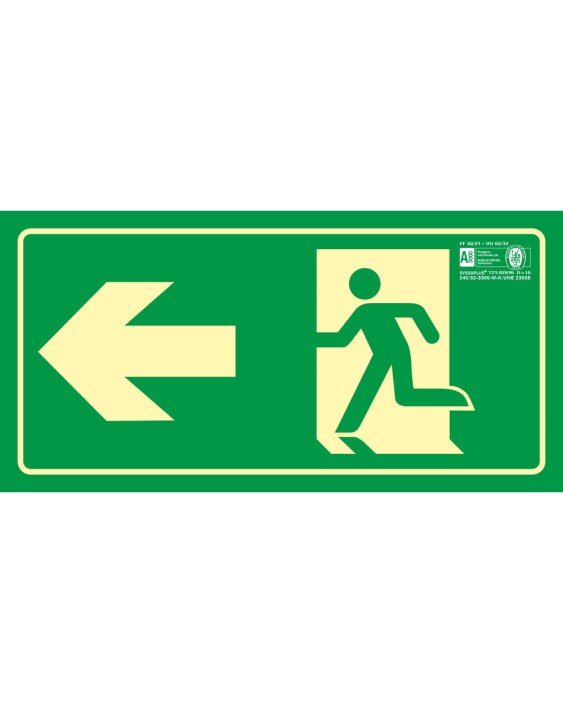 Pictograma syssa señal de salida emergencia flecha izquierda en pvc fotoluminiscente 320x160 mm