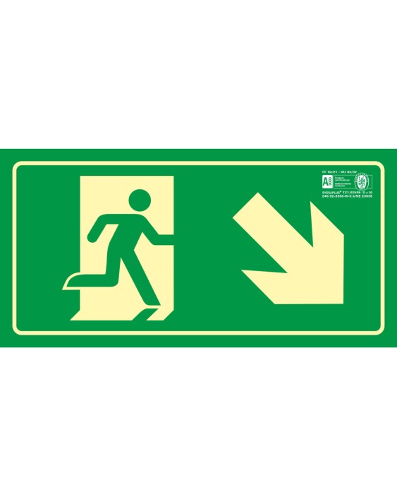 Pictograma syssa señal de salida emergencia derecha bajando en pvc fotoluminiscente 320x160 mm