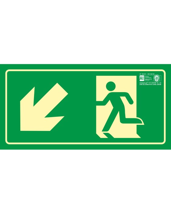 Pictograma syssa señal de salida emergencia izquierda escalera bajando en pvc fotoluminiscente 320x160 mm