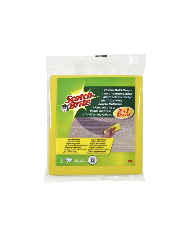 Bayeta multiuso 3m scotch brite amarilla pack 2 unidades + 1 gratis