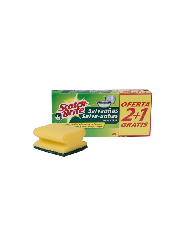 Estropajo salvauñas scotch brite fibra verde paquete 2+1 gratis