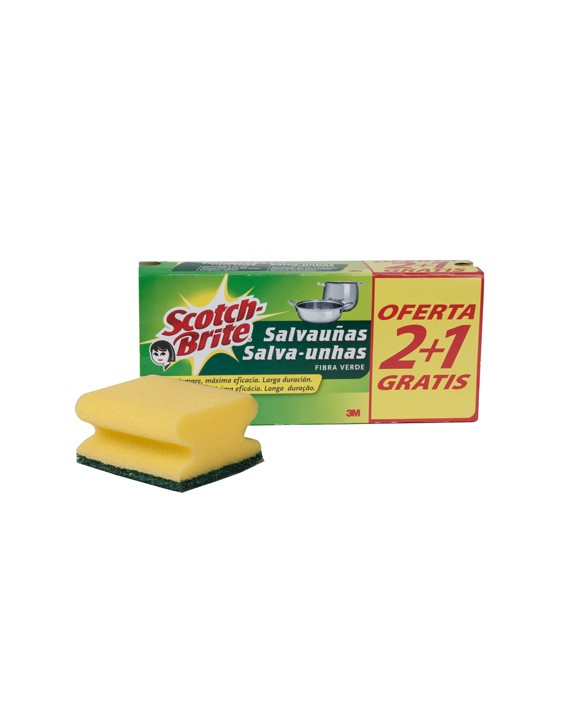 Estropajo salvauñas scotch brite fibra verde paquete 2+1 gratis