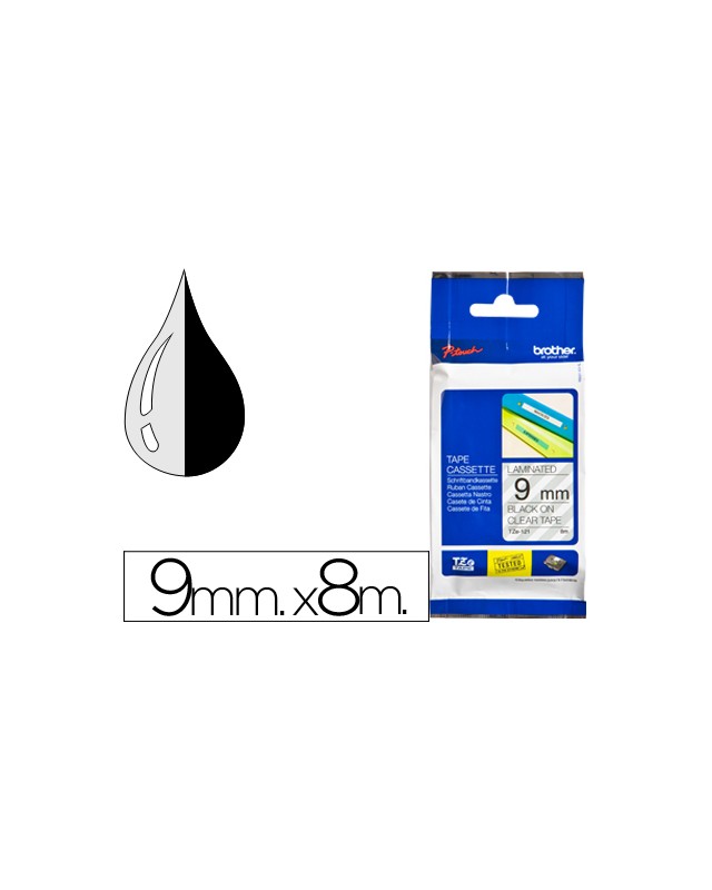 Cinta brother tze121 transparente-negro 9mm longitud 8 m