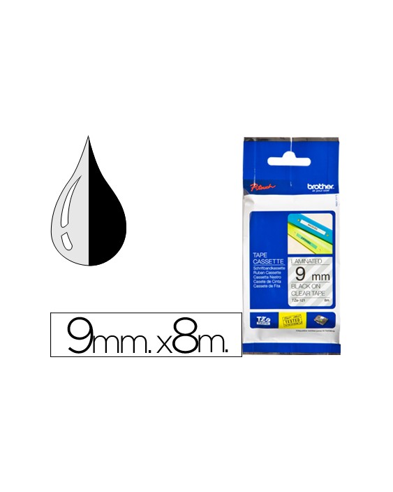 Cinta brother tze121 transparente-negro 9mm longitud 8 m