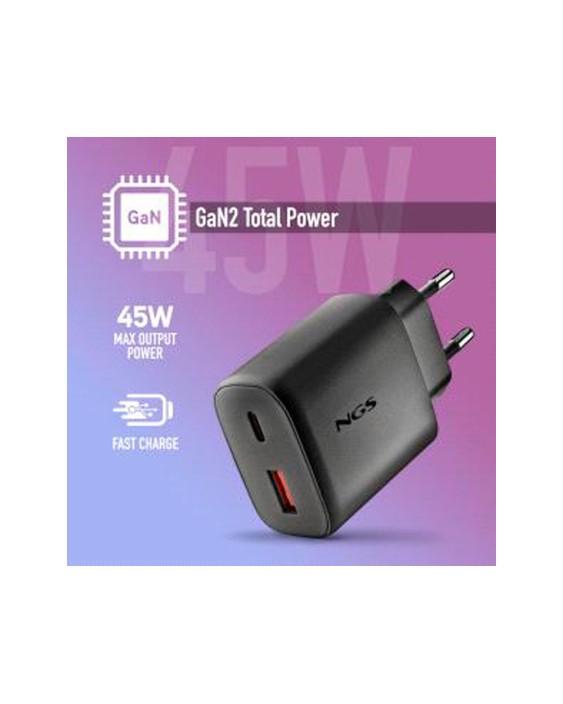Cargador de pared ngs gan ultrarapido para portatil 45w con 2 puertos: usb-c a usb-a